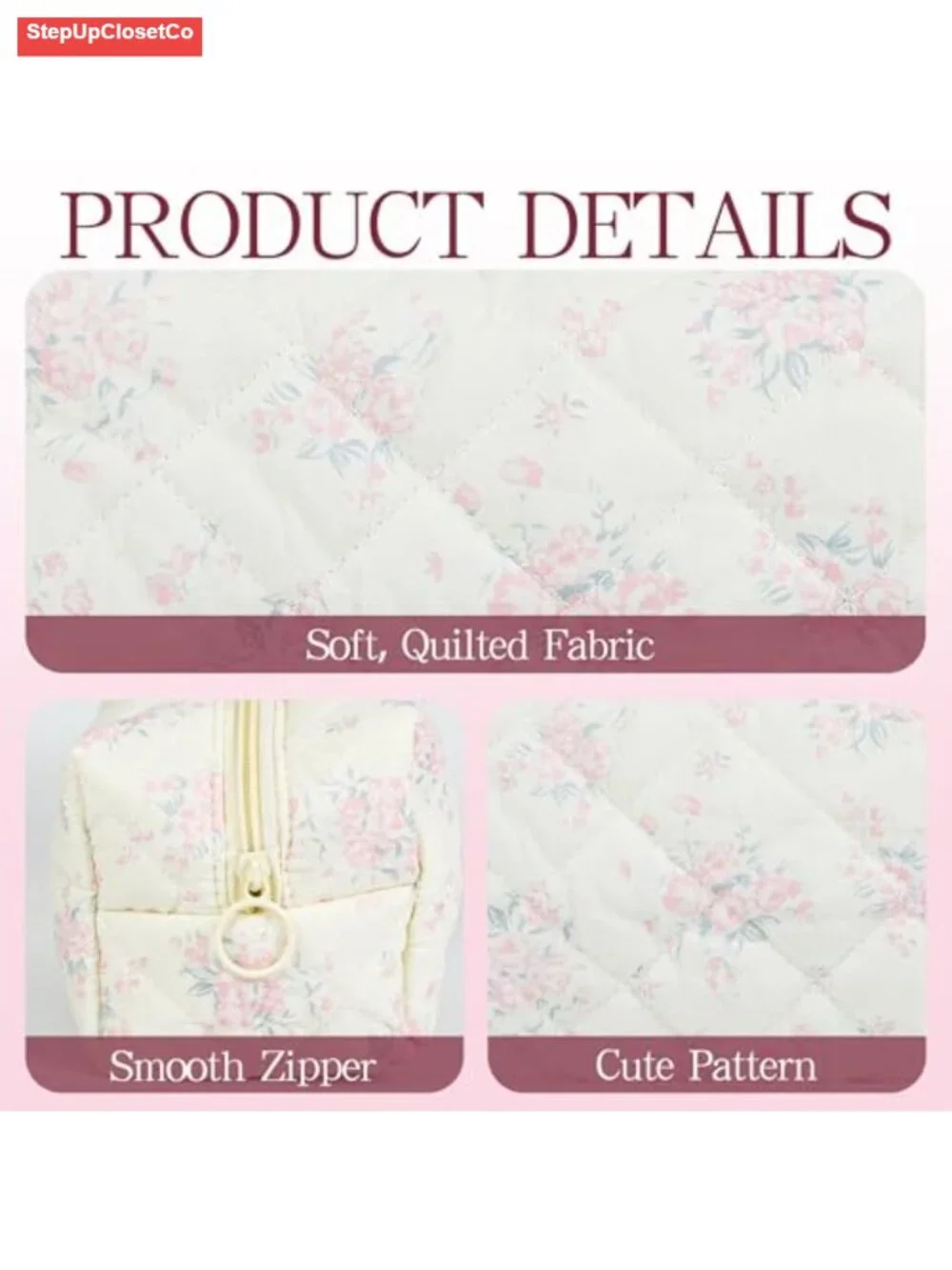 Quilted Cotton Makeup Pouch Puffy Cosmetic Bag with Cute Floral Pattern, Travel